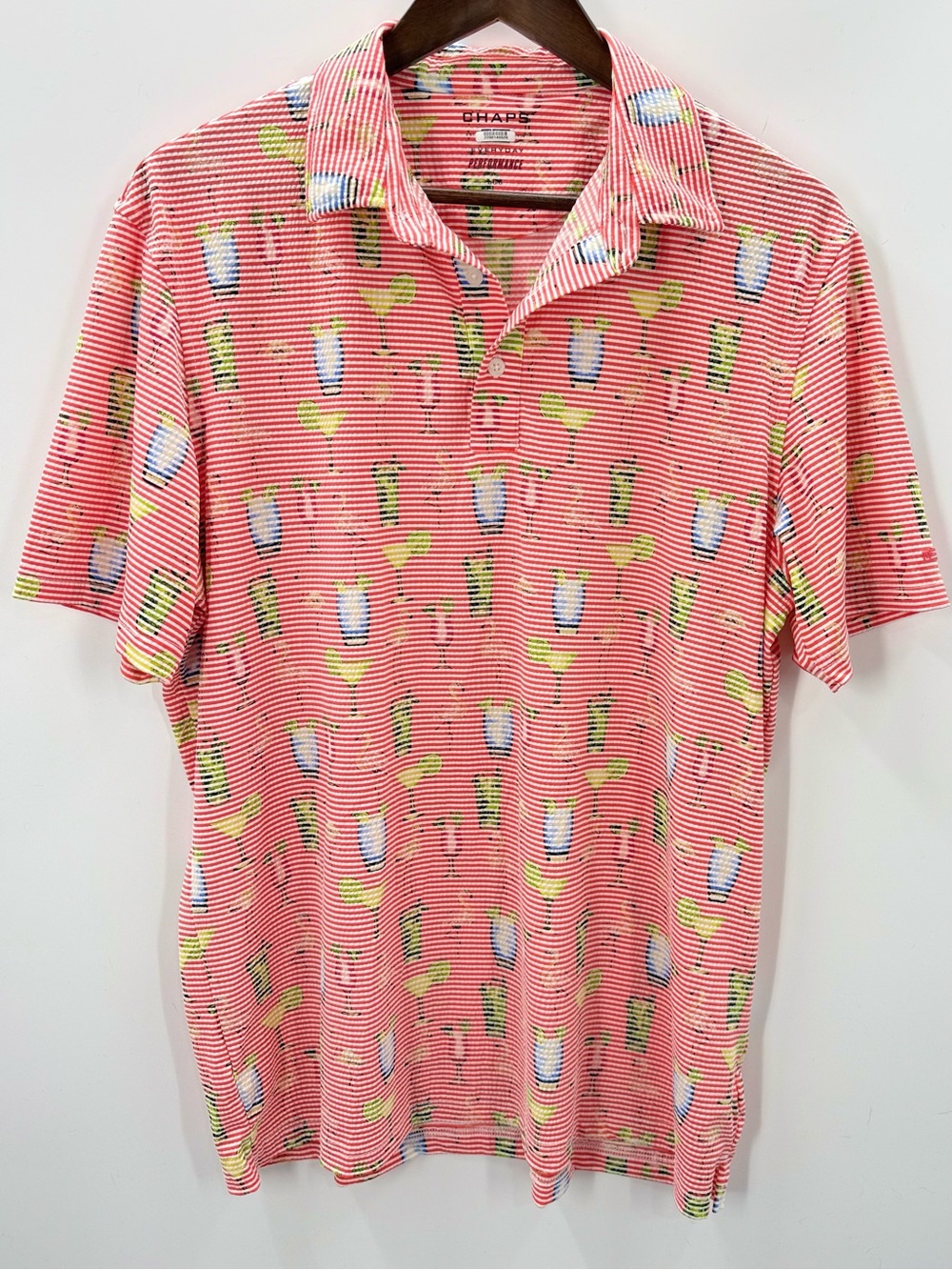 365 Chaps Men’s Large Coral Striped Polo with Tropical Print